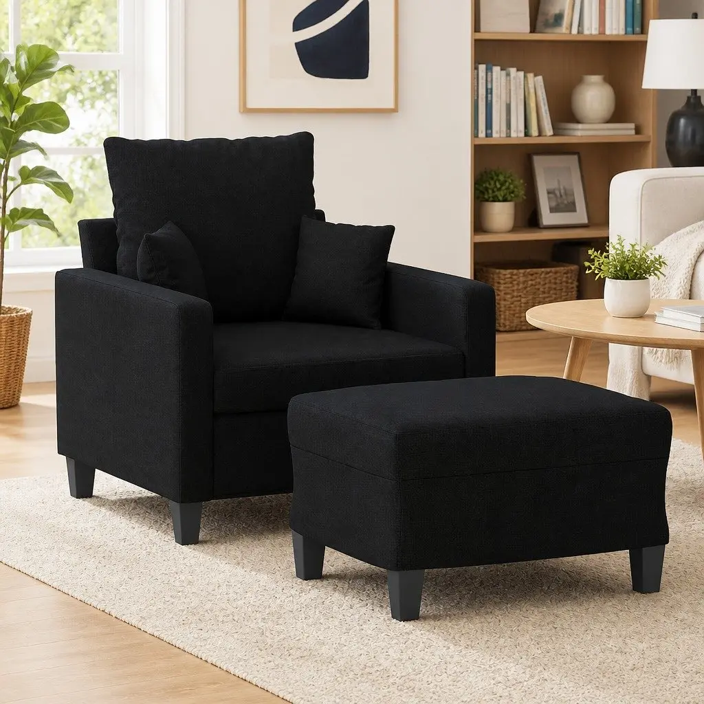 Black Fabric Sofa Chair with Footstool Armchair Living Room Seating 60cm