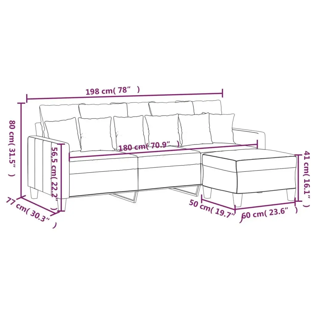 3-Seater Sofa with Footstool Grey Living Room Furniture Lounge Seat 180cm