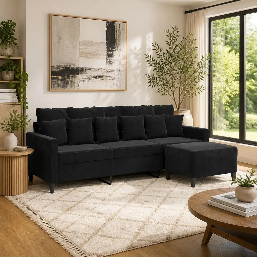 3-Seater Sofa with Footstool Black 180cm Velvet Living Room Furniture