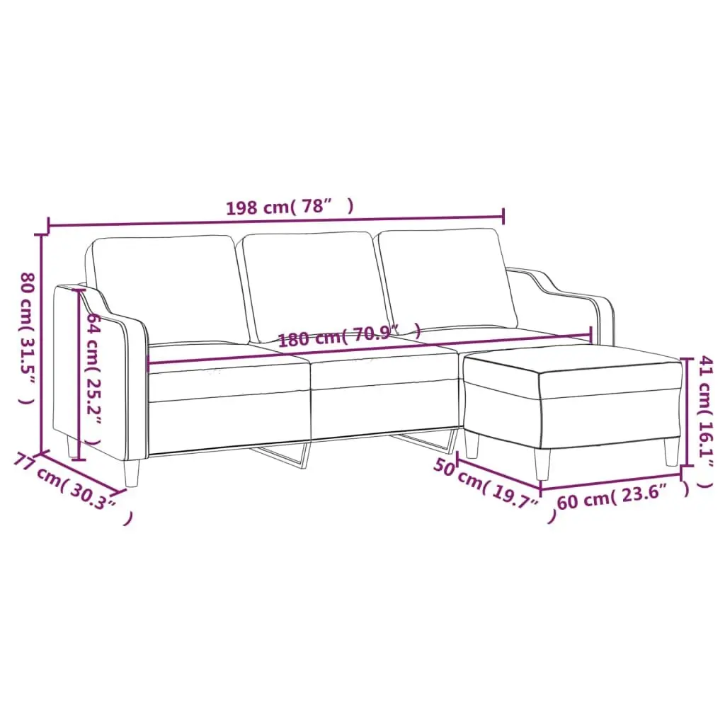 3-Seater Sofa with Footstool Grey Fabric Living Room Lounge Suite 180cm