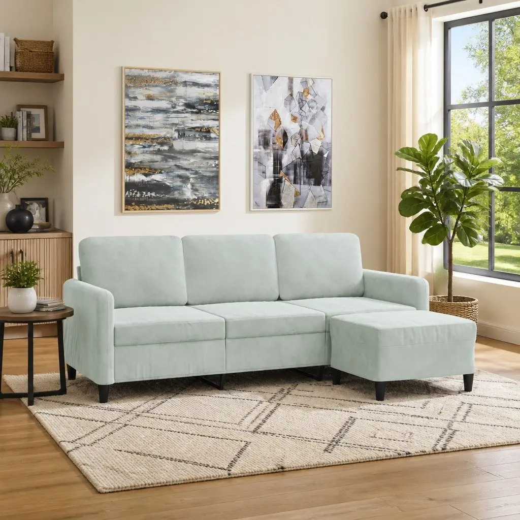 3-Seater Sofa with Footstool Light Grey Velvet Couch Lounge Living Room 180cm