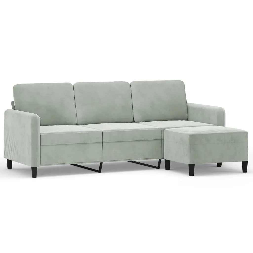 3-Seater Sofa with Footstool Light Grey Velvet Couch Lounge Living Room 180cm