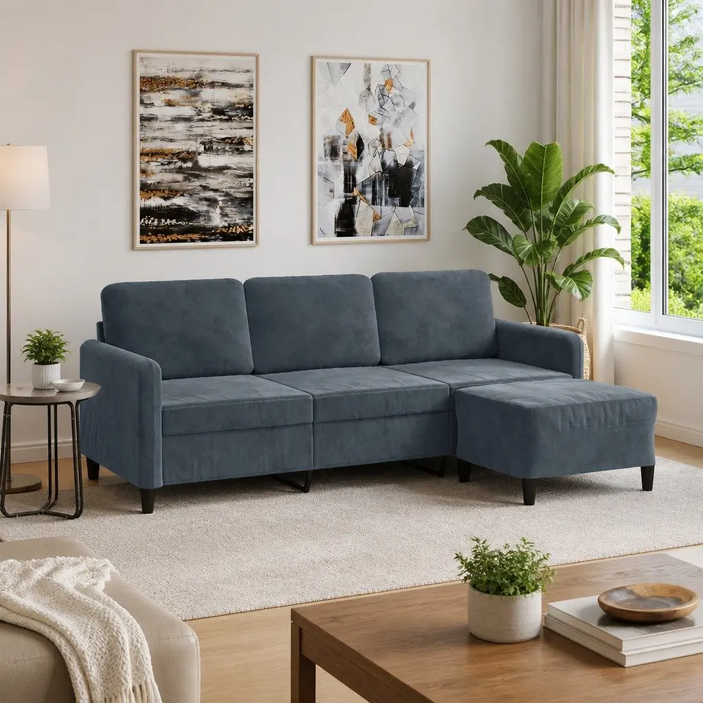 3-Seater Sofa Velvet 180cm Grey with Footstool