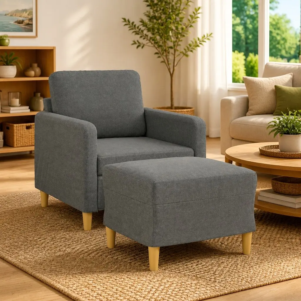 Sofa Chair Fabric Grey with Footstool Modern Lounge Seat Living Room Furniture