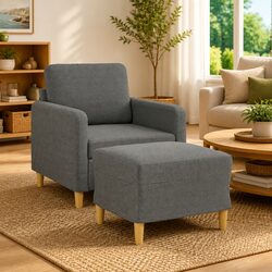 Practical Grey Fabric Sofa Chair and Footstool for Home Use
