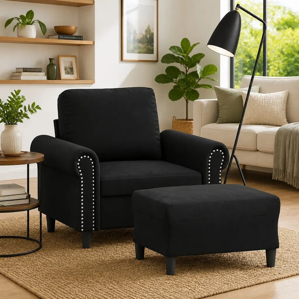 Sofa Chair Velvet Black Compact with Footstool Padded Seat