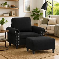 Functional Black Velvet Armchair with Footstool for Home Use