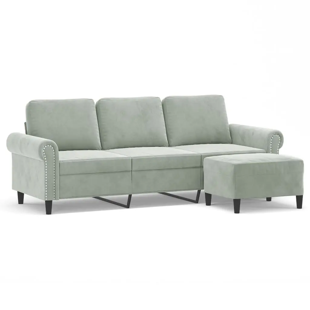 3-Seater Sofa with Footstool Grey Velvet Living Room Lounge Couch 180cm
