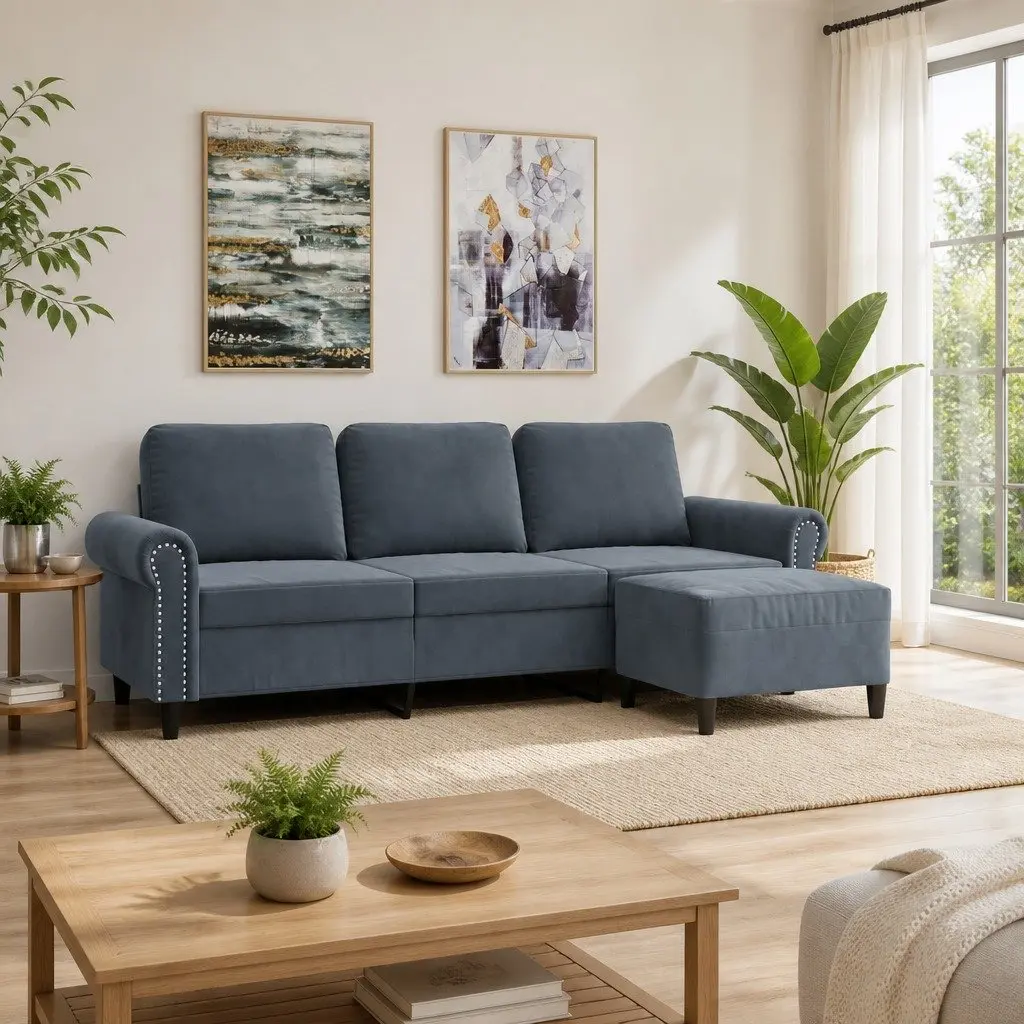 3-Seater Sofa with Footstool Dark Grey 180cm Velvet Lounge Couch Living Room