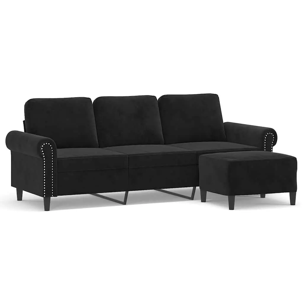 3-Seater Sofa with Footstool Black Velvet Living Room Lounge Couch 180cm