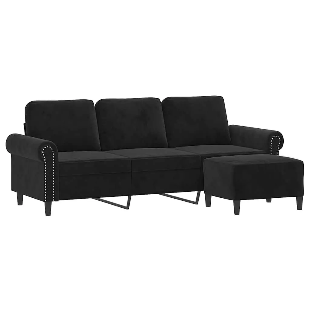 3-Seater Sofa with Footstool Black Velvet Living Room Lounge Couch 180cm