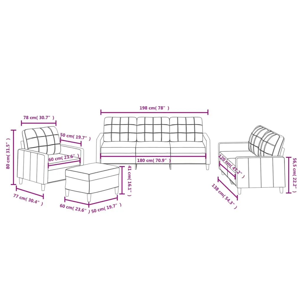 4 Piece Sofa Set Grey Fabric Compact Living Room Furniture