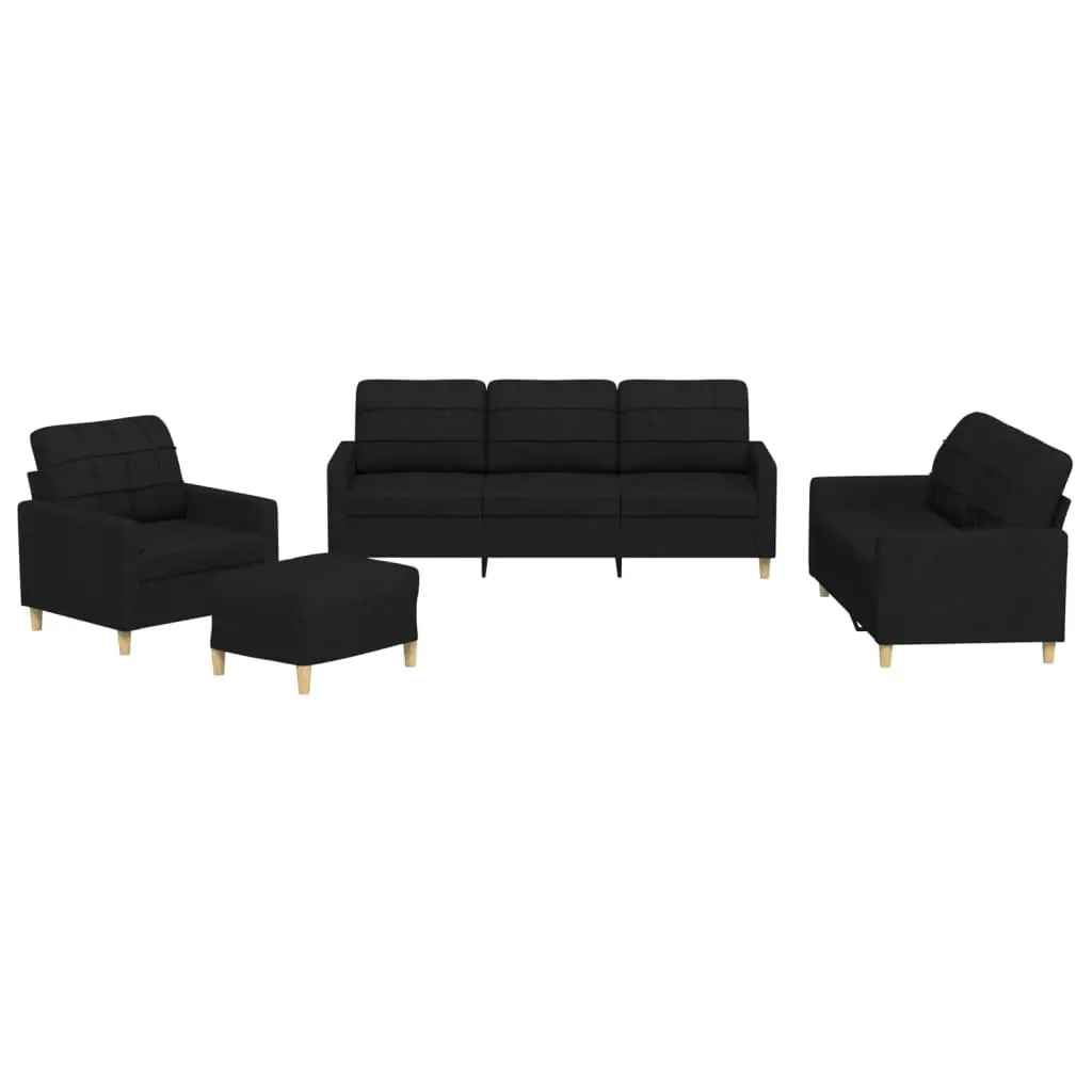 4 Piece Sofa Set Black Fabric Plywood and Metal Living Room Lounge Suite with Cushions and Footstool