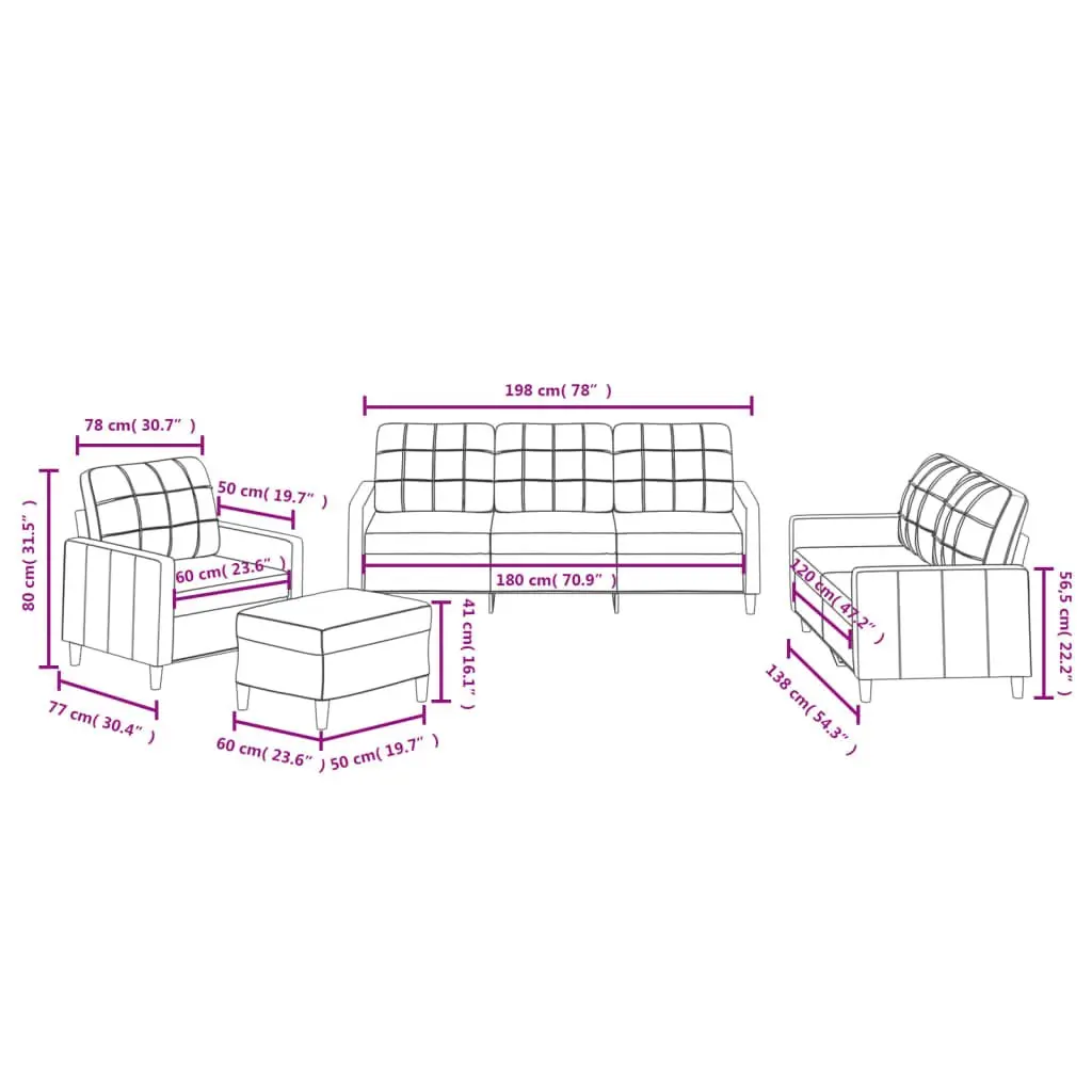 4 Piece Sofa Set Black Fabric Plywood and Metal Living Room Lounge Suite with Cushions and Footstool