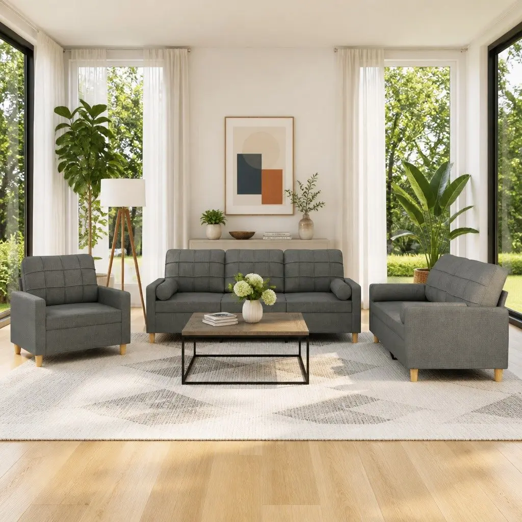 3 Piece Sofa Set Grey Fabric Couch Lounge Suite with Pillows Living Room