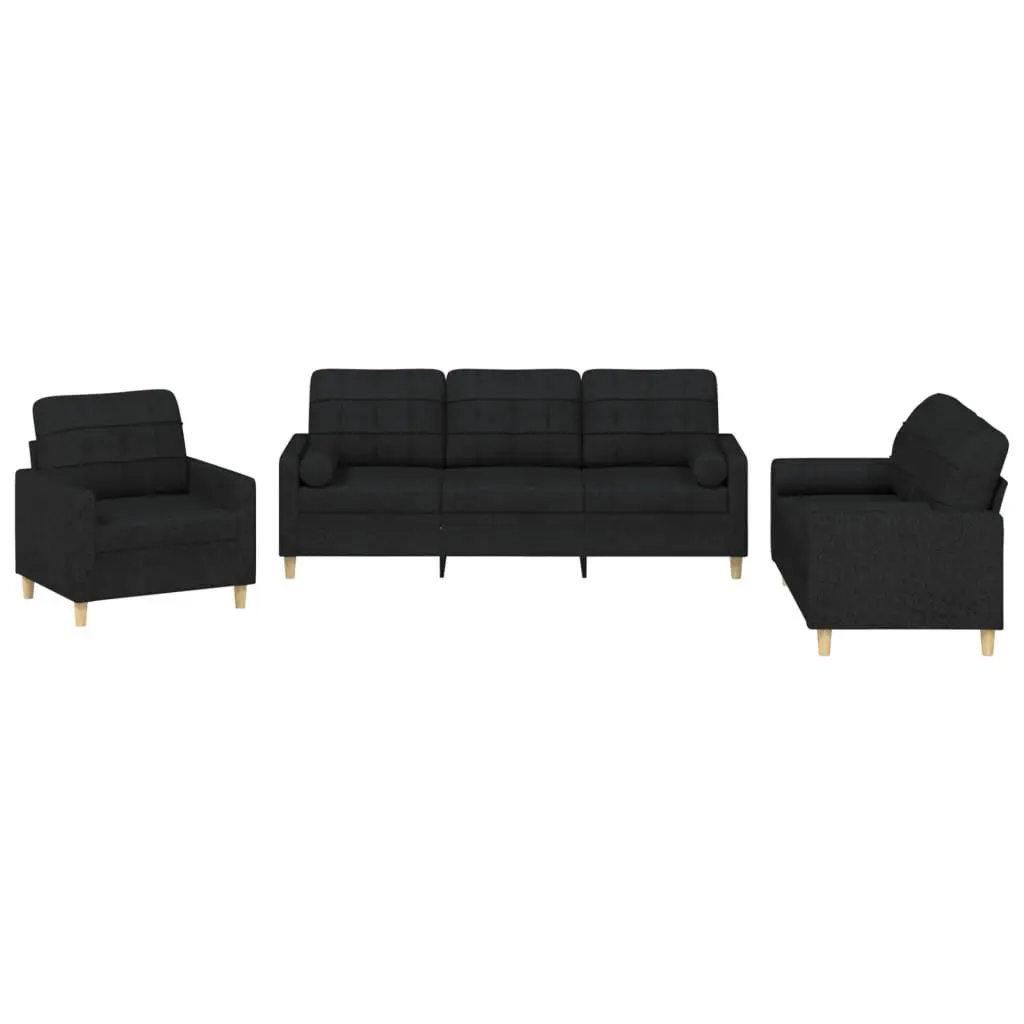 3 Piece Sofa Set Black Fabric Living Room Sectional with Pillows Armrest