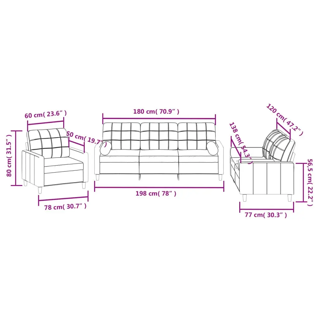 3 Piece Sofa Set Black Fabric Living Room Sectional with Pillows Armrest