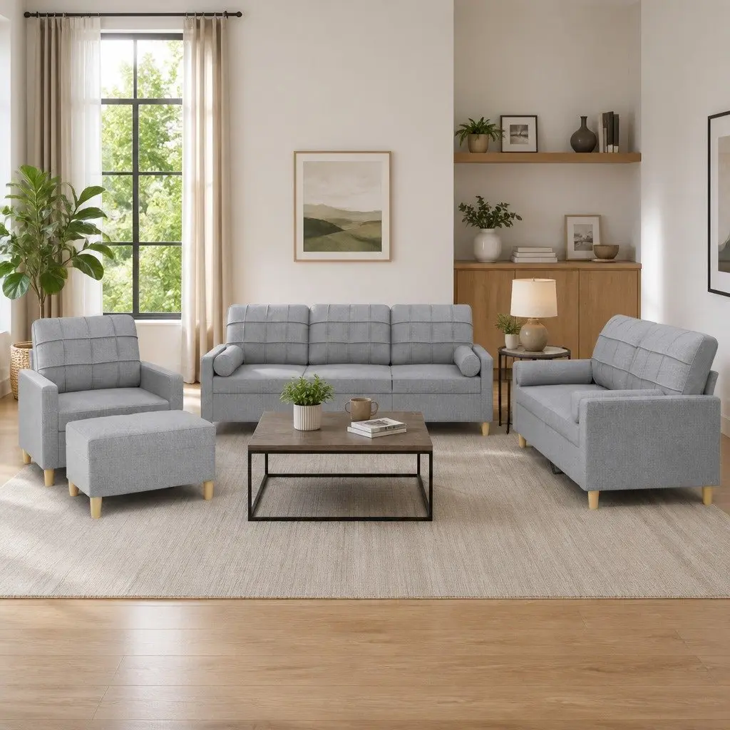 4 Piece Sofa Set Grey Fabric Lounge Suite with Pillows Ottoman Footstool