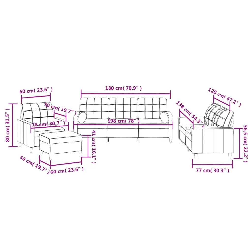 4 Piece Sofa Set Grey Fabric Lounge Suite with Pillows Ottoman Footstool