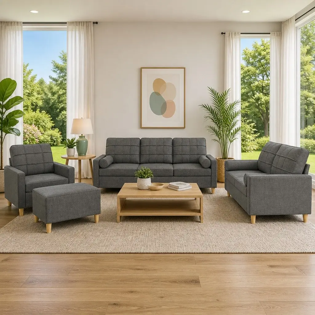 4 Piece Lounge Sofa Set Grey Fabric with Cushions and Footstool for Living Room