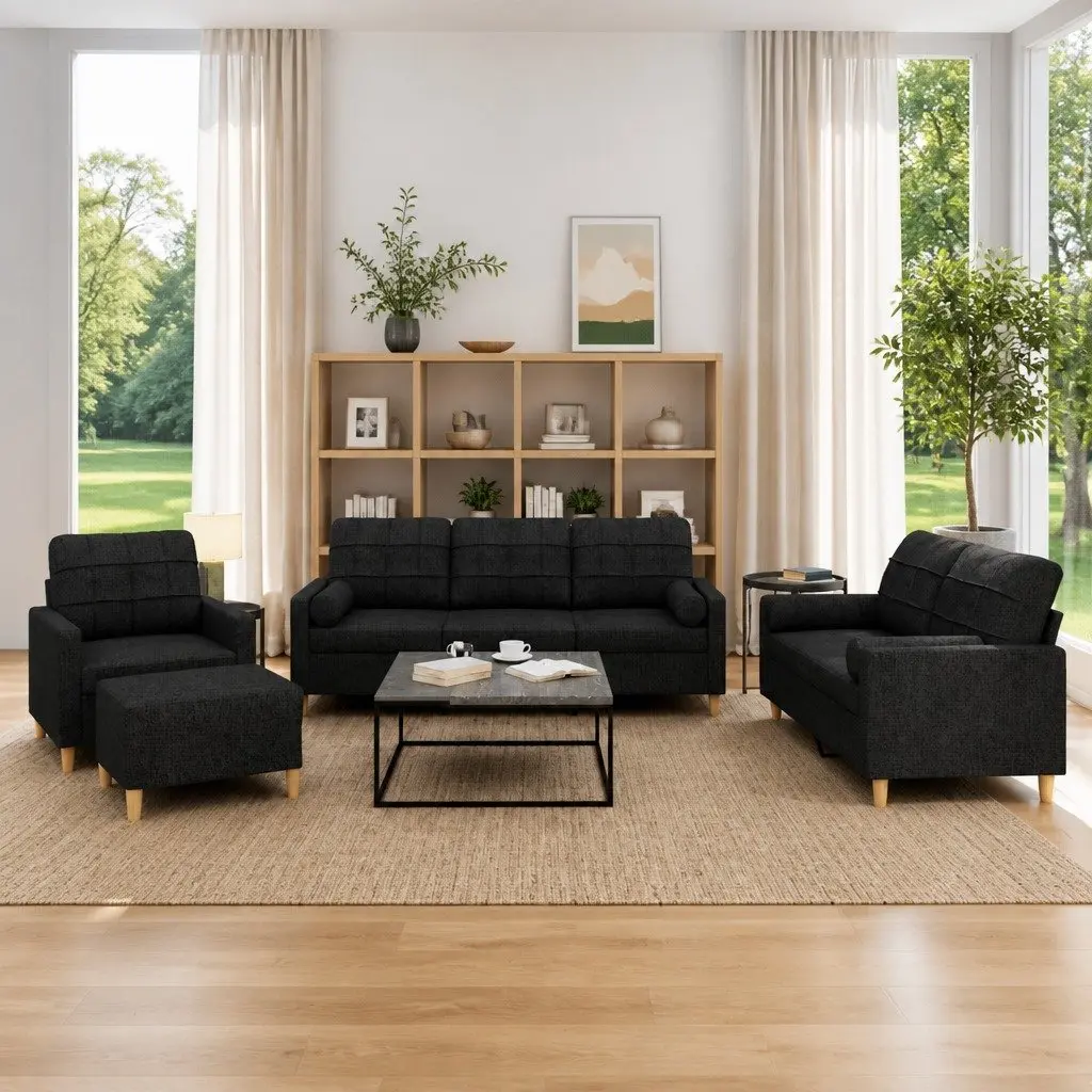 4 Piece Sofa Set Black Fabric Lounge with Pillows Ottoman Footstool Living Room