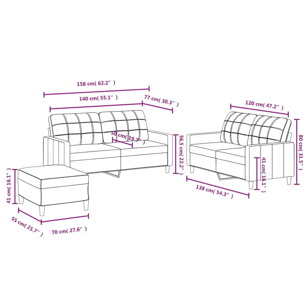 3 Piece Sofa Set with Footstool Grey Fabric Lounge Suite Living Room Furniture