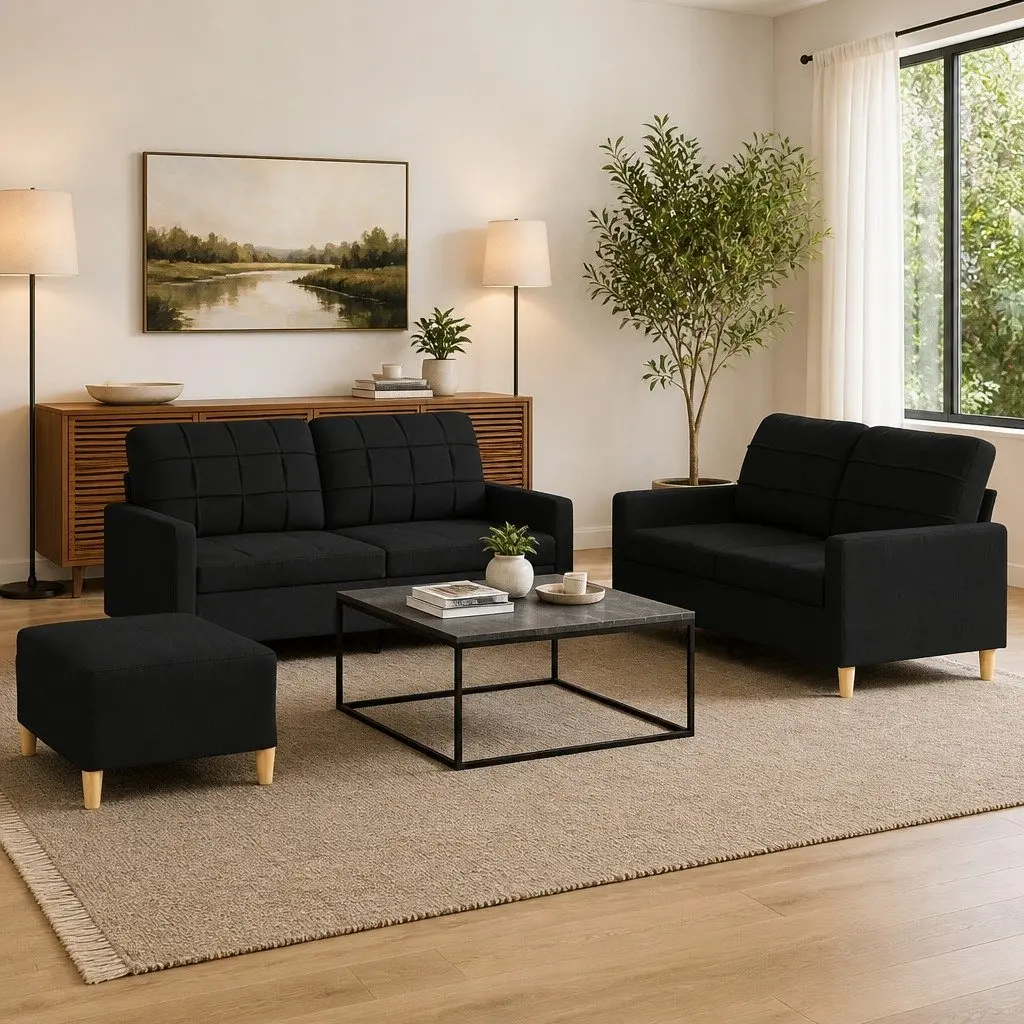 3 Piece Sofa Set with Footstool Black Fabric Living Room Lounge Suite Seating