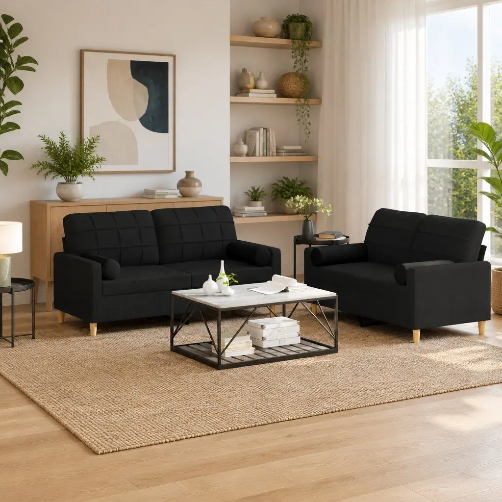 2 Piece Sofa Set Black Fabric Couch Durable Breathable Material Plywood and Metal Frame