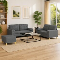 3 Piece Sofa Set Grey Fabric Couch with Pillows Footstool Living Room Seating