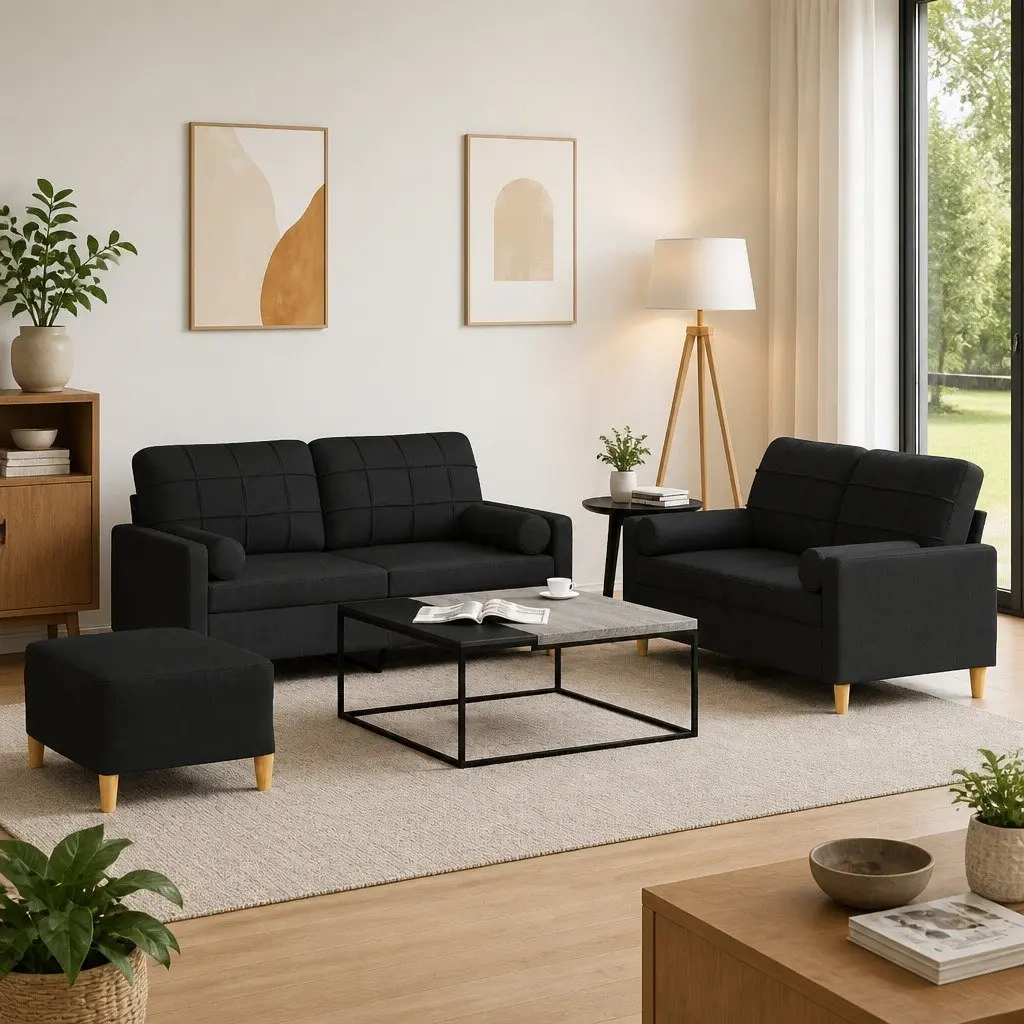 3 Piece Compact Lounge Suite Sofa Set with Black Fabric Upholstery Plywood and Metal Frame with Footstool and Decorative Pillows
