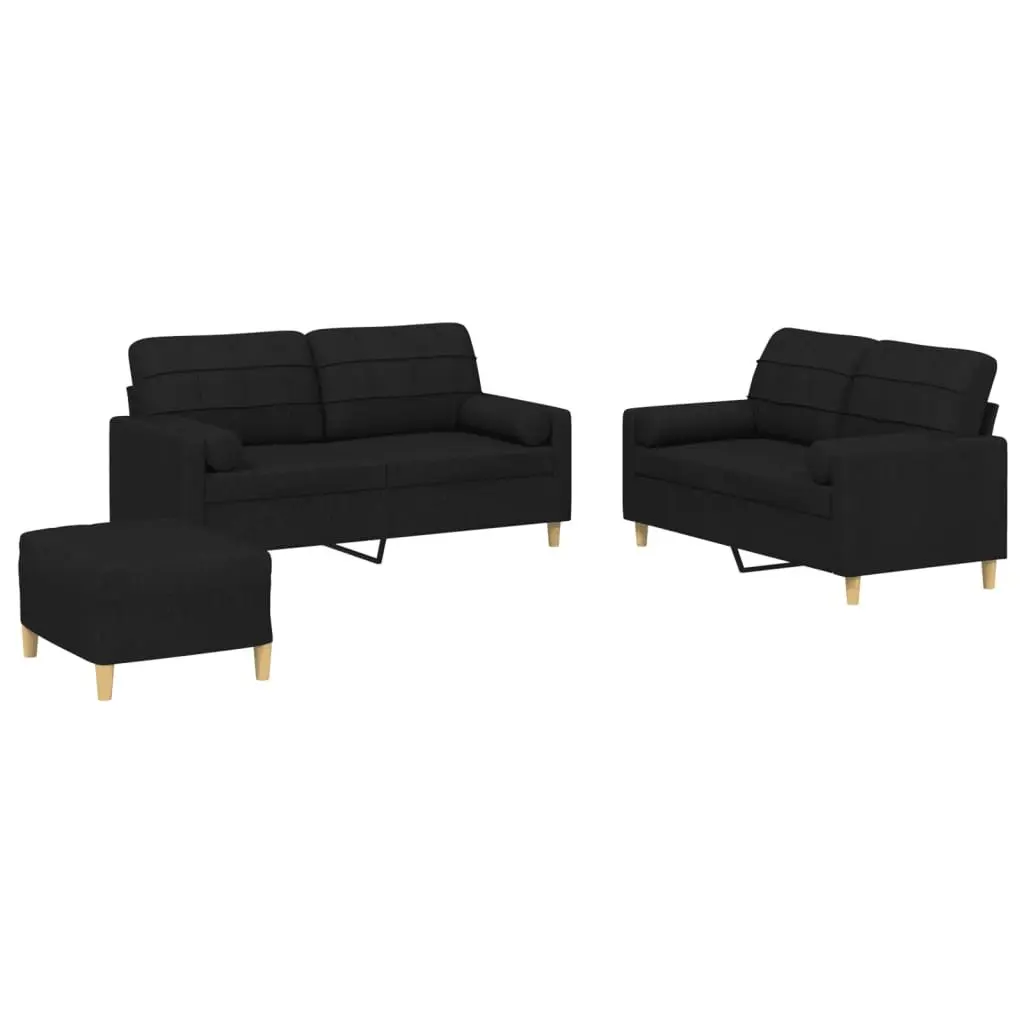 3 Piece Compact Lounge Suite Sofa Set with Black Fabric Upholstery Plywood and Metal Frame with Footstool and Decorative Pillows