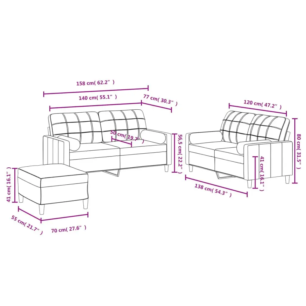 3 Piece Compact Lounge Suite Sofa Set with Black Fabric Upholstery Plywood and Metal Frame with Footstool and Decorative Pillows