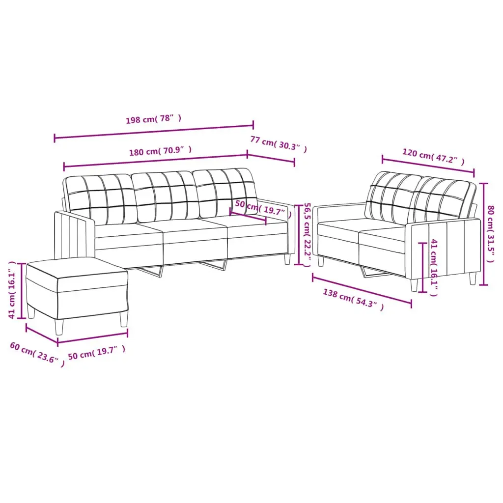 3 Piece Sofa Set Grey Fabric Lounge Suite Armchair Footstool Living Room