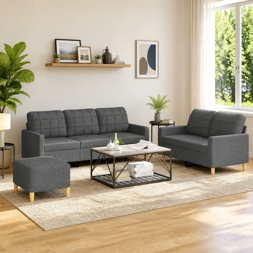 3 Piece Grey Sofa Set with Footstool