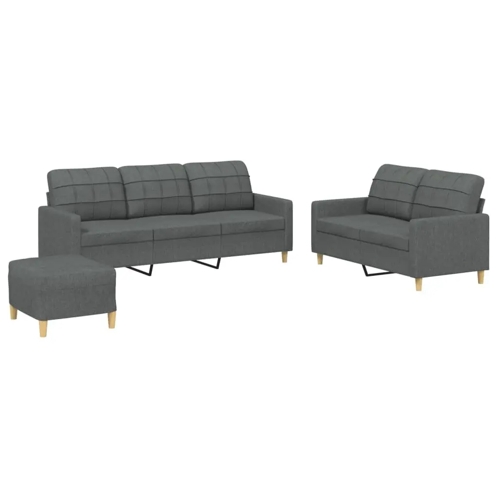 3 Piece Grey Sofa Set with Footstool