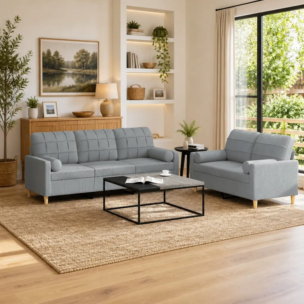Sofa Set Fabric Grey 2 Piece Lounge Suite Couch