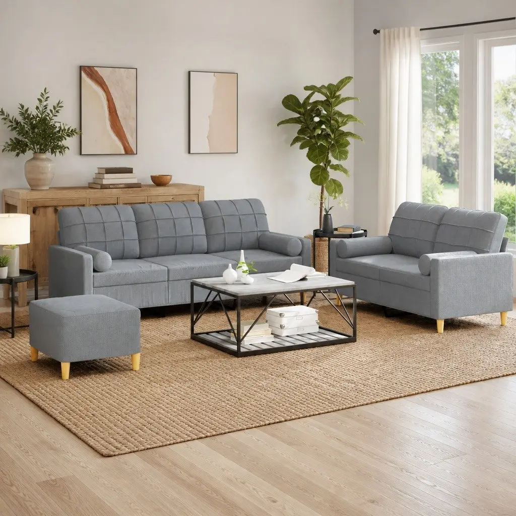 3 Piece Sofa Set Fabric Grey Living Room Furniture