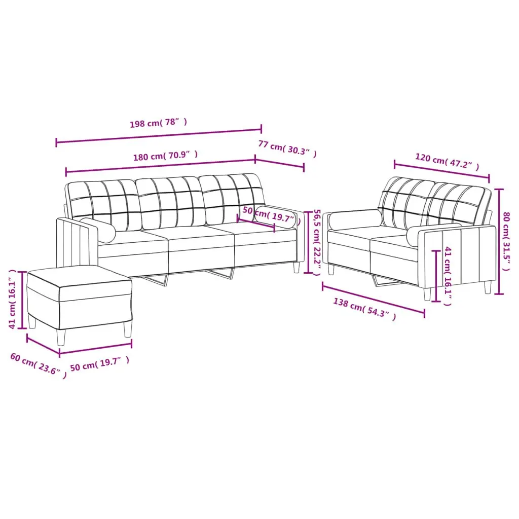 3 Piece Sofa Set Fabric Grey Living Room Furniture