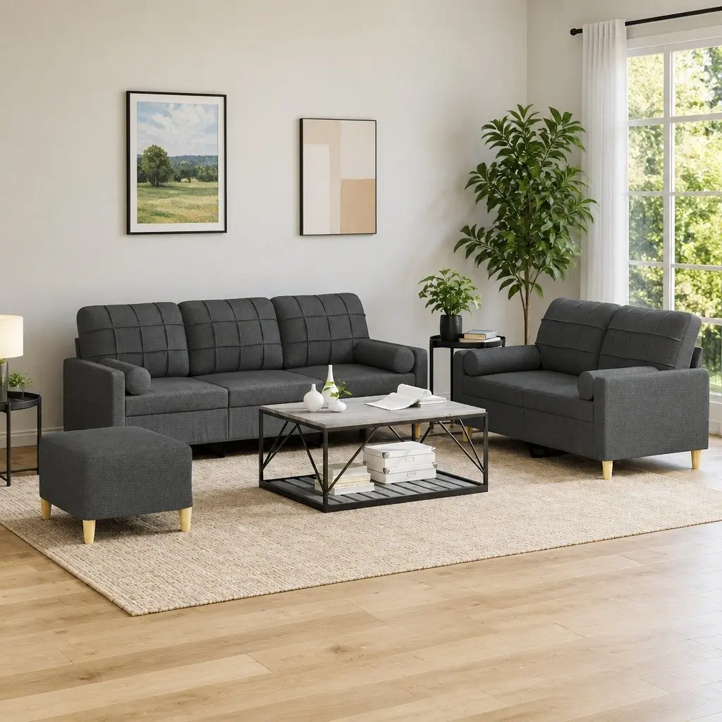3 Piece Lounge Set Grey Fabric with Footstool and Pillows for Living Room Furniture