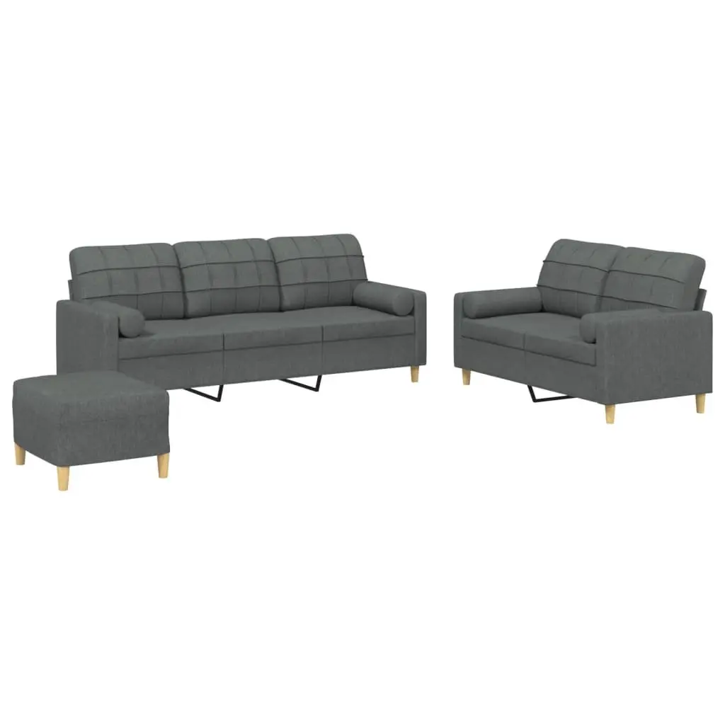 3 Piece Lounge Set Grey Fabric with Footstool and Pillows for Living Room Furniture