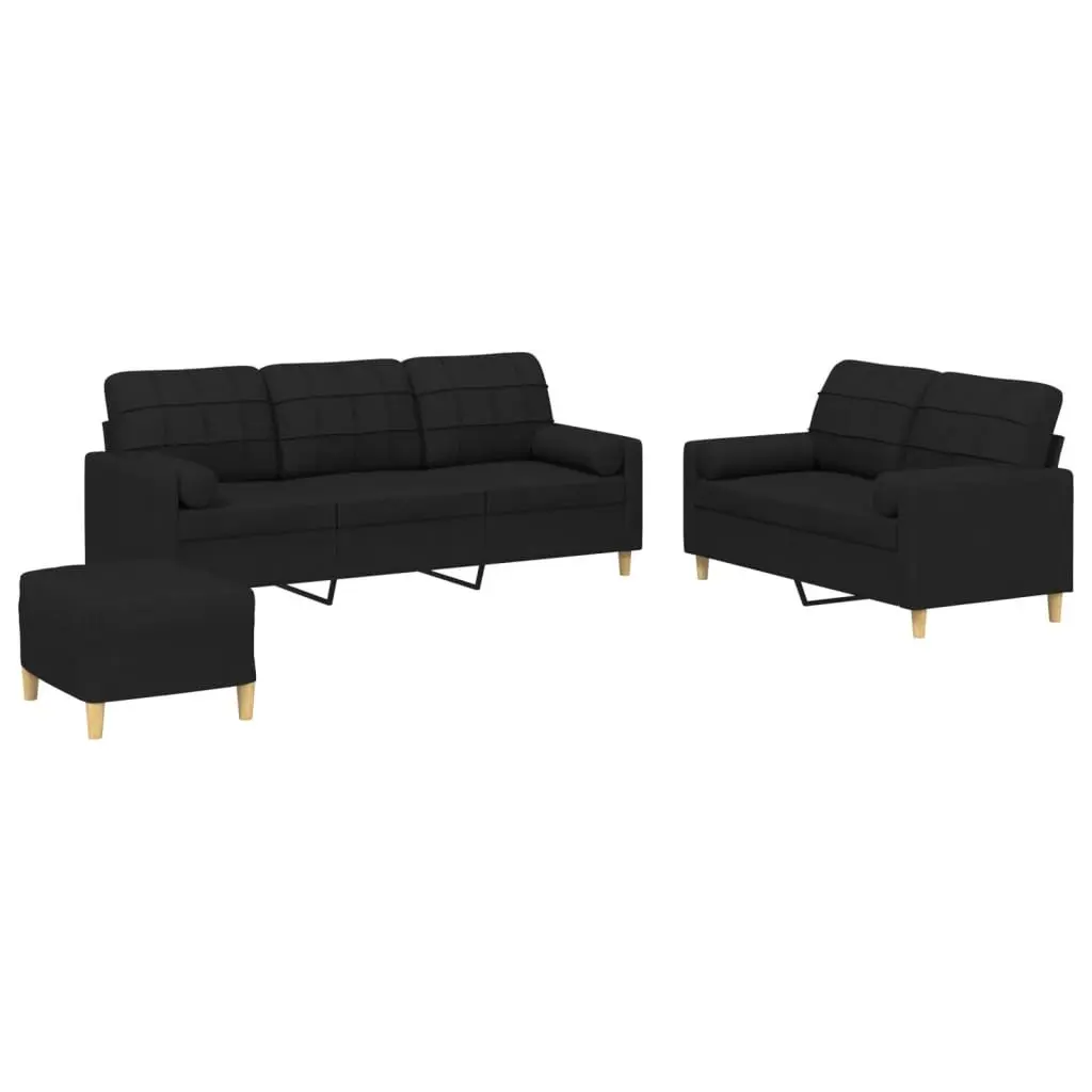 3 Piece Sofa Set Black Fabric Lounge Suite with Footstool