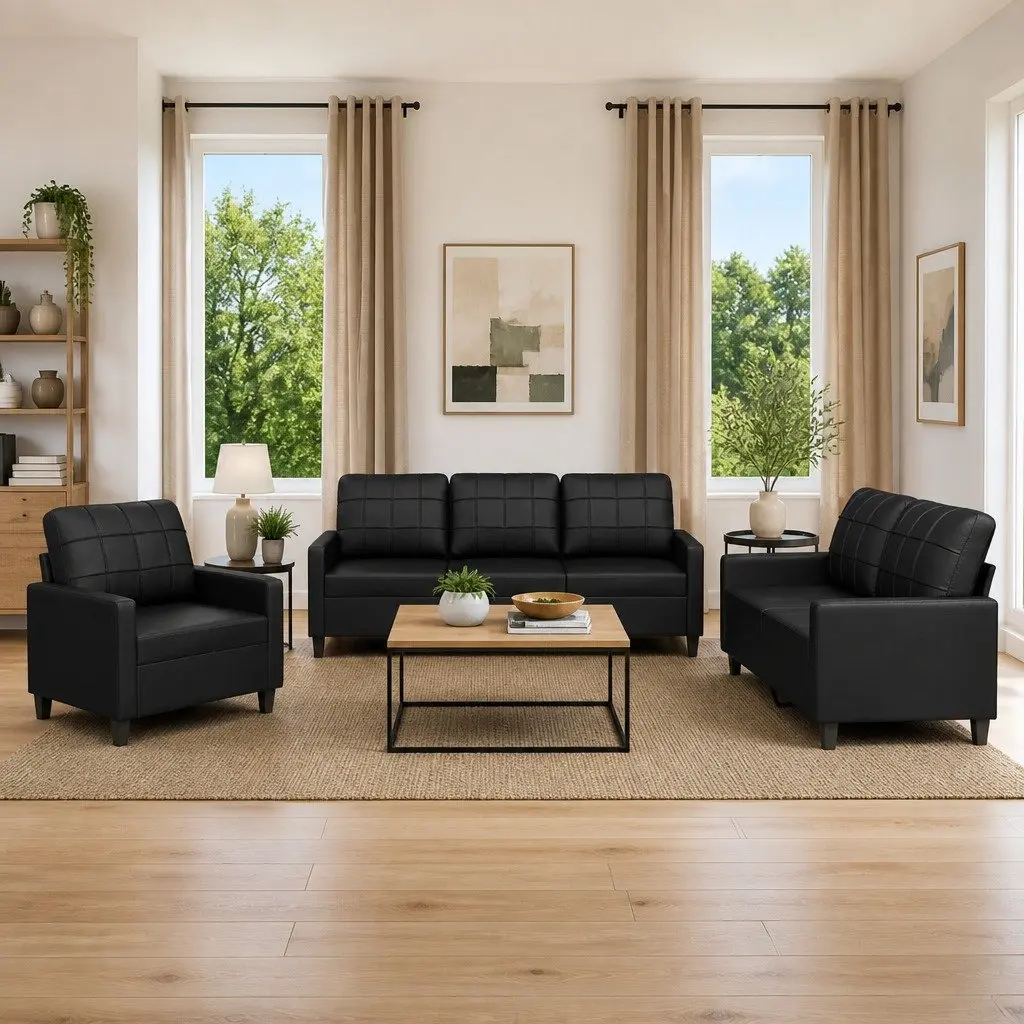 3 Piece Sofa Set Faux Leather Black Modern Living Room Furniture