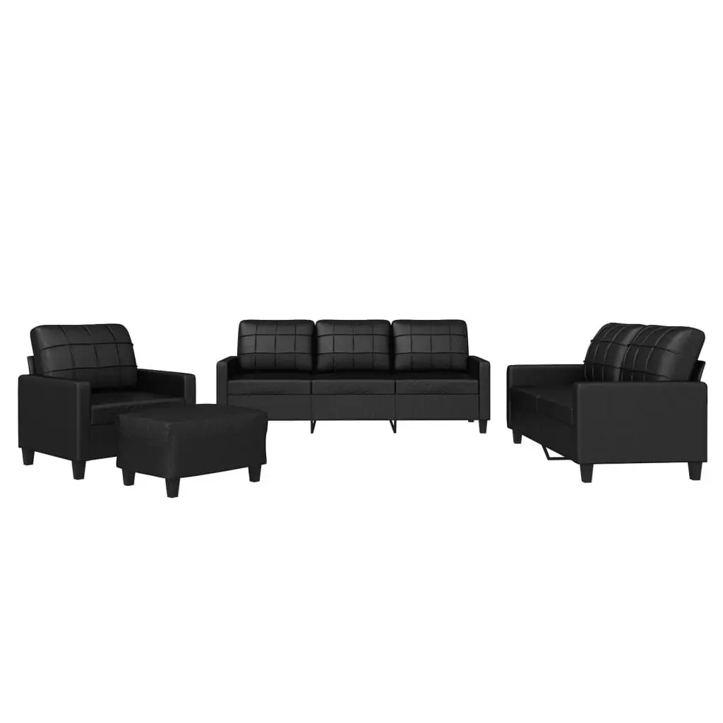 4 Piece Compact Sofa Set Black Faux Leather with Cushions and Footstool