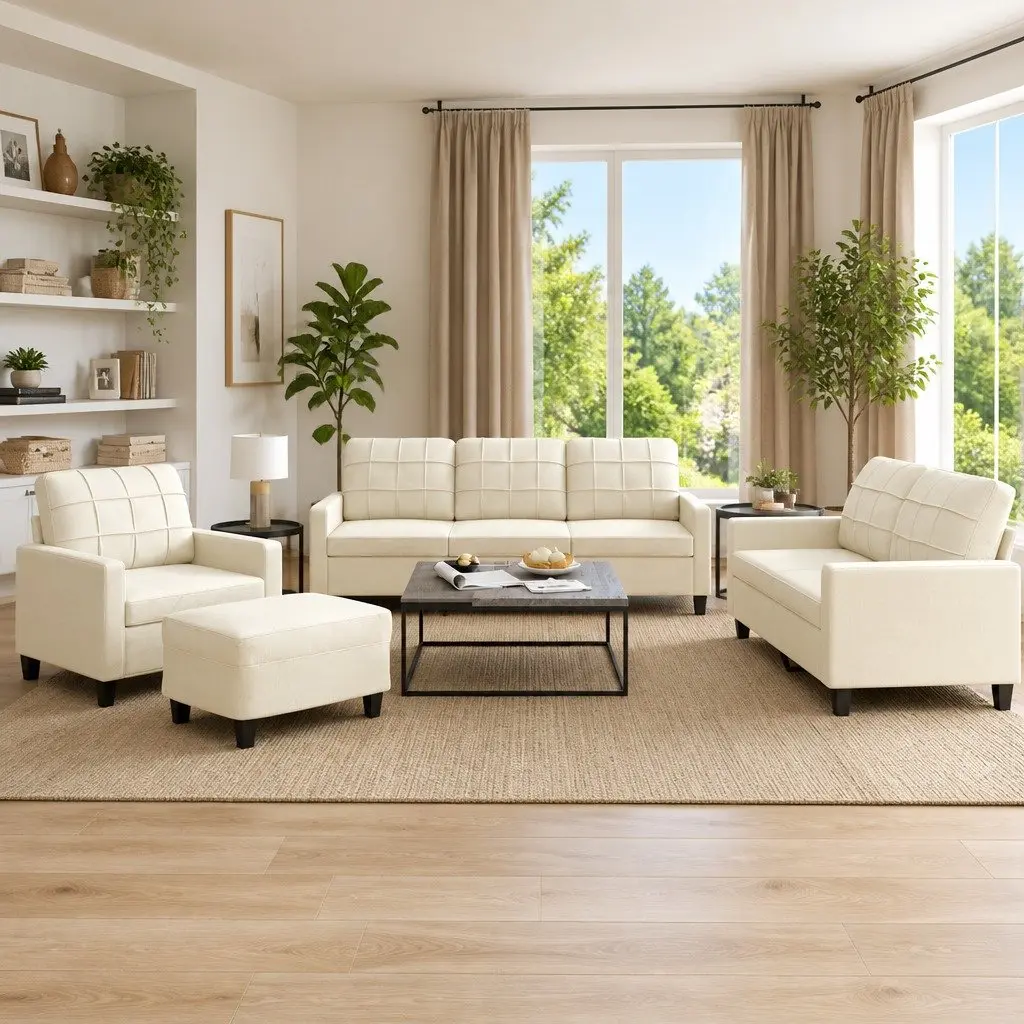 4 Piece Sofa Set Faux Leather Cream Living Room Furniture