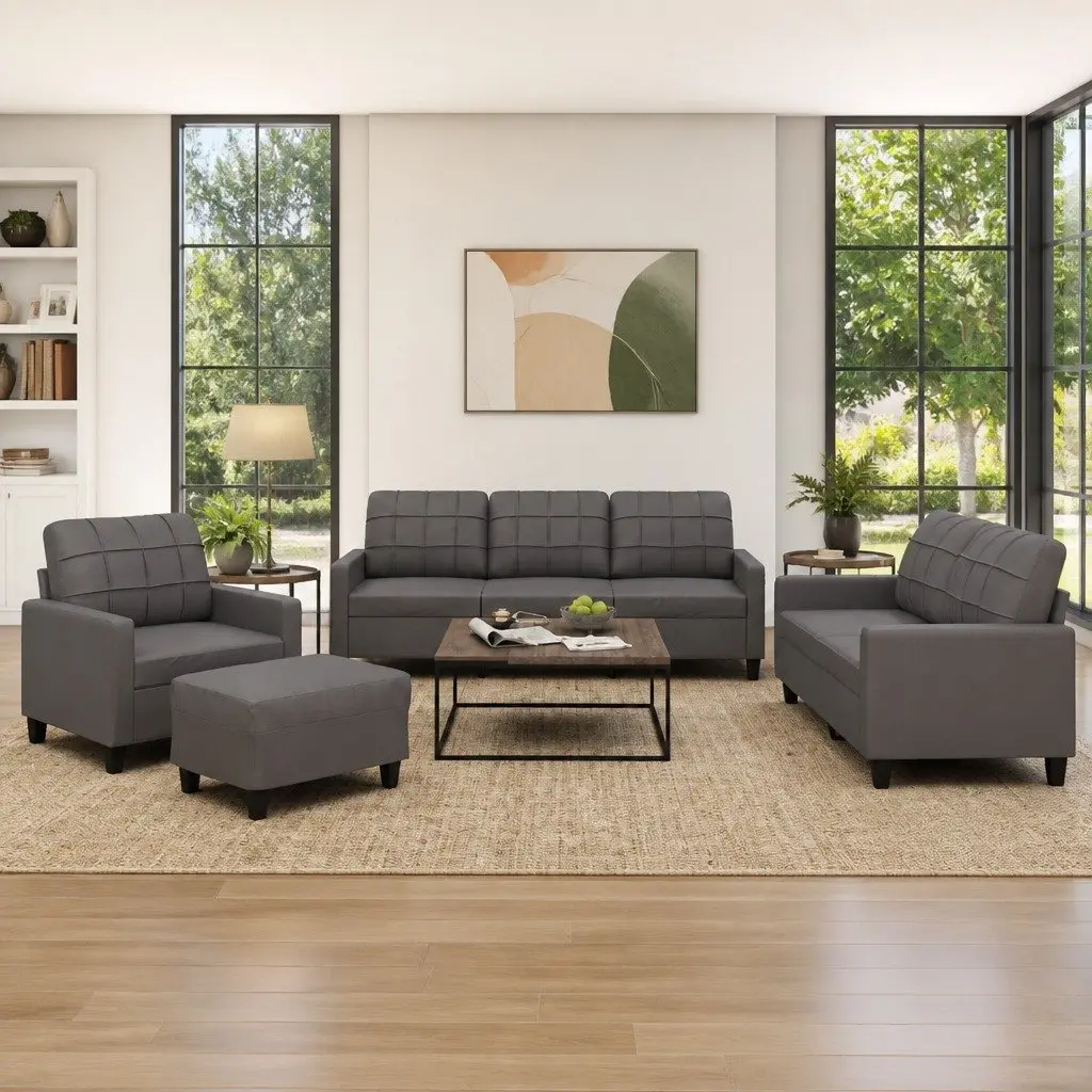 4 Piece Sofa Set Faux Leather Grey Compact Lounge Furniture with Footstool