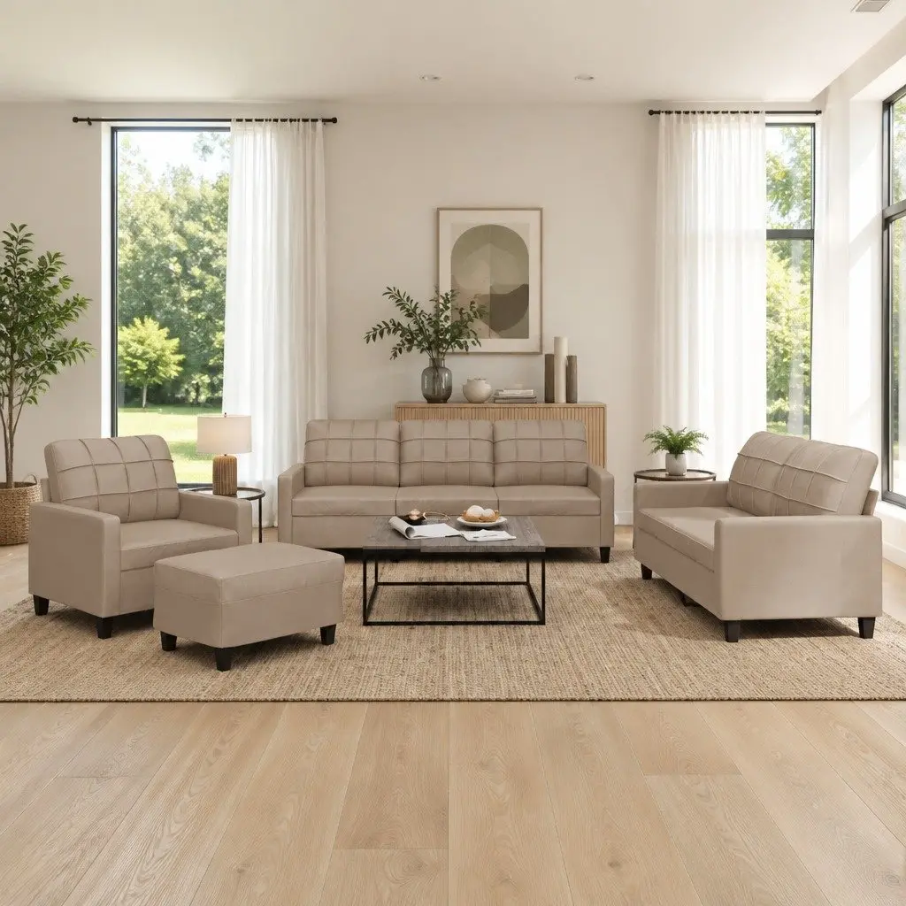 4 Piece Sofa Set with Cushions Footstool Brown Faux Leather Living Room
