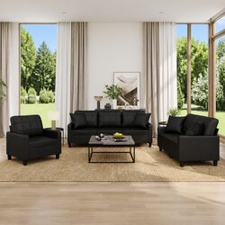 Practical Black Faux Leather Sofa Set with Pillows