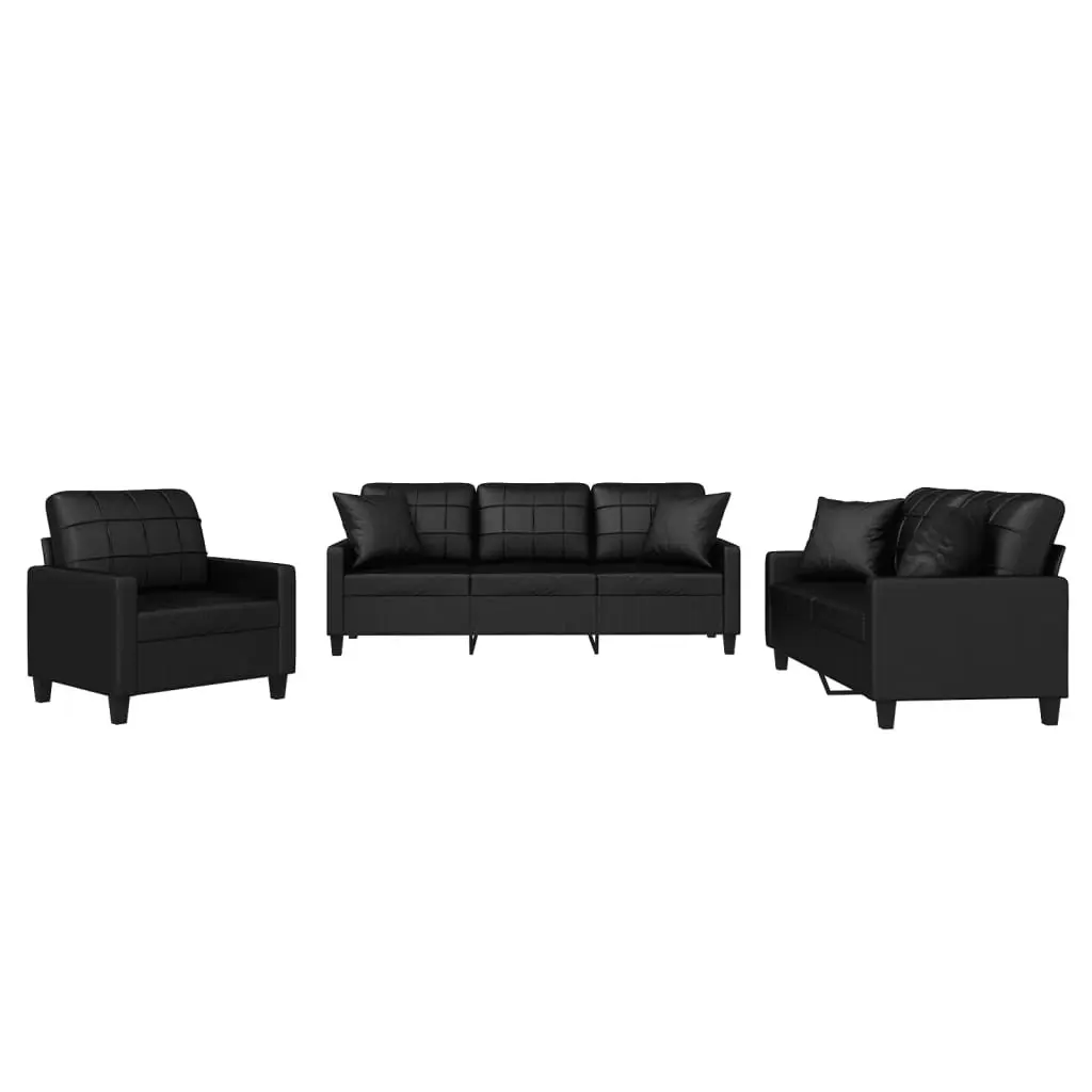 3 Piece Sofa Set Black Faux Leather Durable Construction Living Room Furniture with Throw Pillows