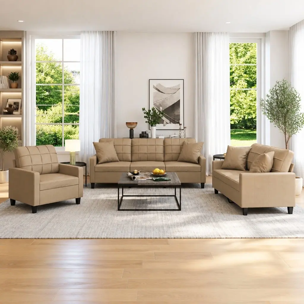 3 Piece Sofa Set Faux Leather Brown Living Room Couch with Throw Pillows