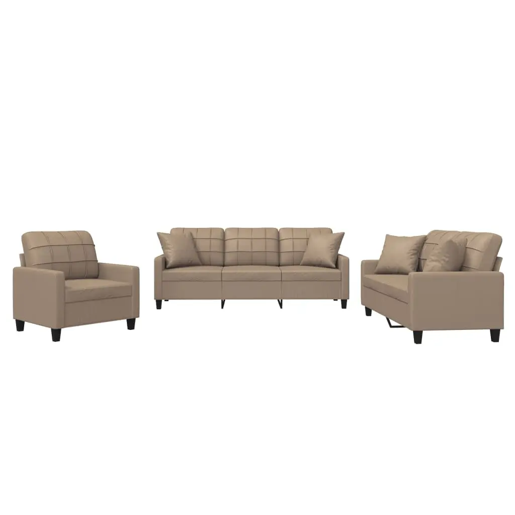 3 Piece Sofa Set Faux Leather Brown Living Room Couch with Throw Pillows